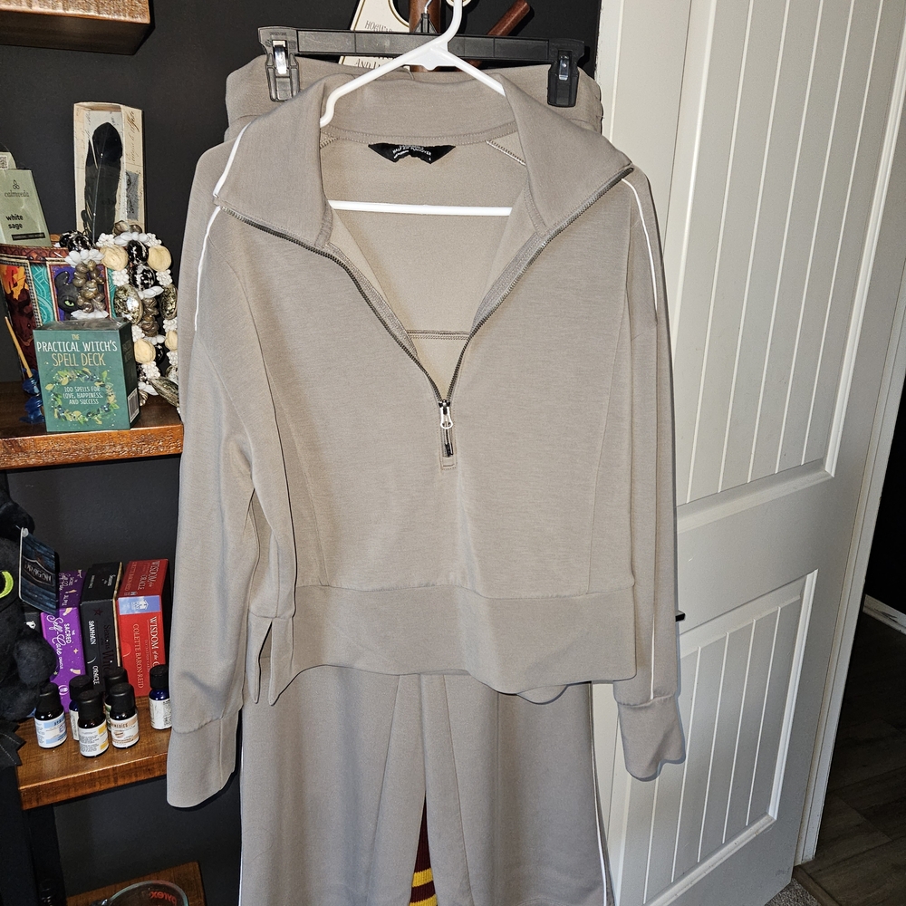 Beige Zip-Up Hoodie and Pants Set